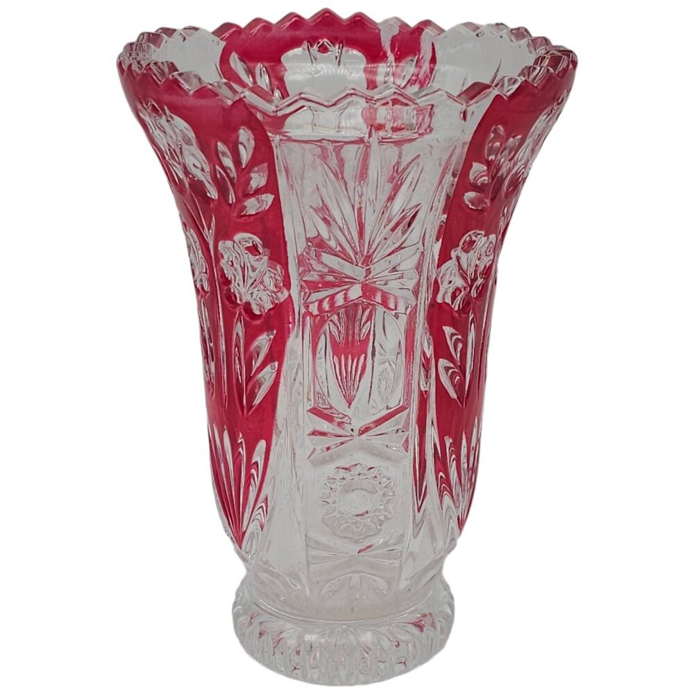 Fifth Avenue Crystal Red Rosaline Ruby Red Floral Vase 6" Scalloped Floral J13